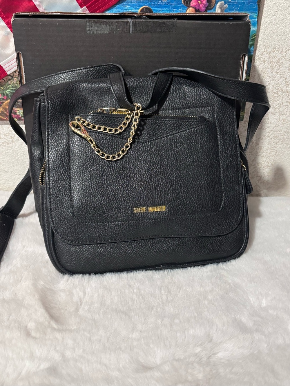 Steve Madden Black Pebbled Shoulder Crossbody with Gold Chain